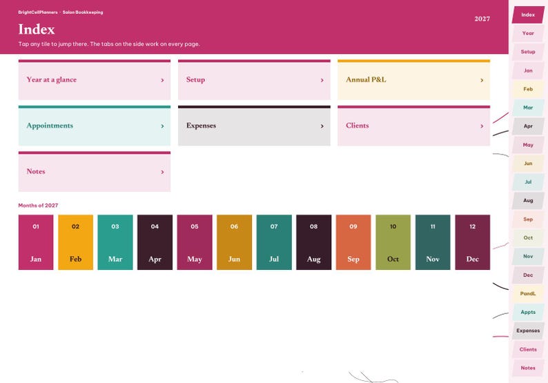 Puede incluir: Una p&aacute;gina de &iacute;ndice de planificador digital para 2027 titulada BrightCellPlanners Salon Bookkeeping. Incluye mosaicos de navegaci&oacute;n para resumen anual, configuraci&oacute;n, balance anual, citas, gastos, clientes y notas, con una fila de calendario mensual.