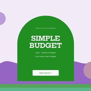 Puede incluir: Una portada de planificador digital con una forma de arco verde sobre un fondo morado claro con l&iacute;neas onduladas moradas. El texto dice: BRIGHTCELLPLANNERS, SIMPLE BUDGET, 2027 - DIGITAL PLANNER, Your money, clearly mapped, y un bot&oacute;n Open planner.