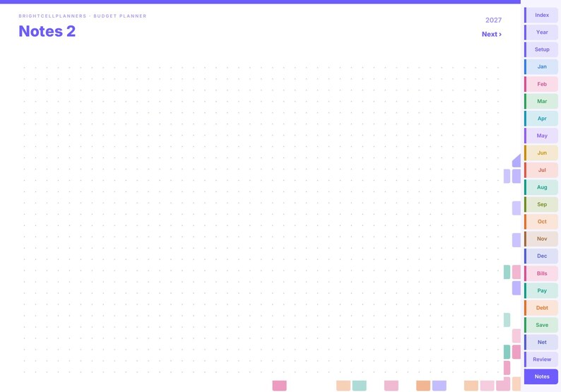 May include: A digital planner page titled Notes 2 with a white dot grid background. The top left displays BRIGHTCELLPLANNERS BUDGET PLANNER and 2027. A vertical navigation bar on the right features colorful tabs for months and categories.