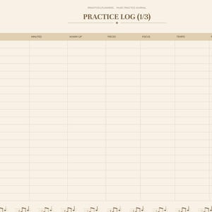 May include: A digital music practice log planner page with a beige background. The header reads PRACTICE LOG (1/3). Columns include Date, Minutes, Warm-up, Pieces, Focus, Tempo, and Feeling. A vertical tab menu is on the left side.