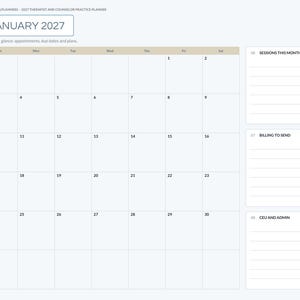 May include: A digital planner page for January 2027 titled Brightcell Planners 2027 Therapist and Counselor Practice Planner. It features a monthly calendar grid, a sidebar with month tabs, and three lined sections for sessions, billing, and admin.