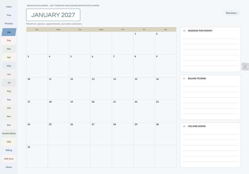May include: A digital planner page for January 2027 titled Brightcell Planners 2027 Therapist and Counselor Practice Planner. It features a monthly calendar grid, a sidebar with month tabs, and three lined sections for sessions, billing, and admin.