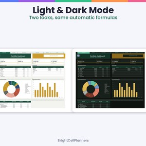 Puede incluir: Una plantilla de panel de control de cartera digital en modo claro y oscuro. La interfaz muestra tablas, un gr&aacute;fico de anillos y un gr&aacute;fico de barras con el texto Light & Dark Mode, Two looks, same automatic formulas y BrightCellPlanners.