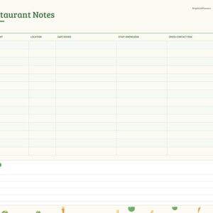 Puede incluir: Una p&aacute;gina de planificador digital titulada Restaurant Notes con una barra lateral que contiene Index, Profile, Food Log, Elimination, Safe Foods, Restaurants, Action Plan y Notes. La tabla incluye columnas para Restaurant, Location, Safe Dishes, Staff Knowledge, Cross-Contact Risk y Return, con una secci&oacute;n inferior para notas adicionales.