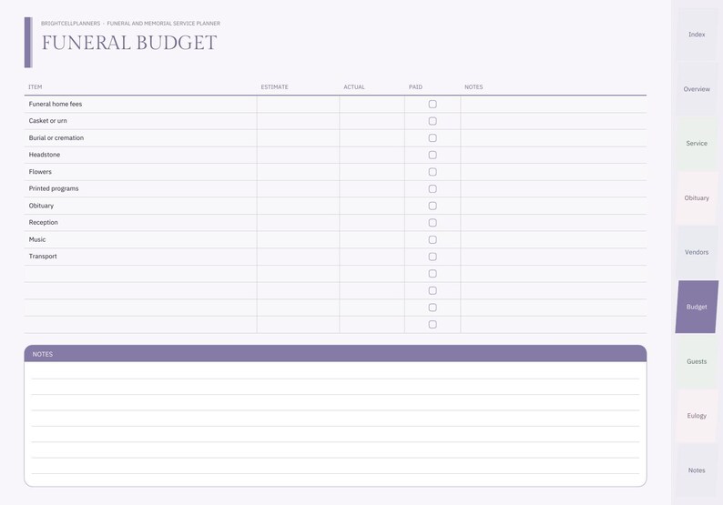 Puede incluir: Una p&aacute;gina de planificador de funerales y servicios conmemorativos titulada Funeral Budget. El dise&ntilde;o incluye columnas para art&iacute;culo, estimaci&oacute;n, real, pagado y notas, con una secci&oacute;n grande en la parte inferior para notas adicionales.