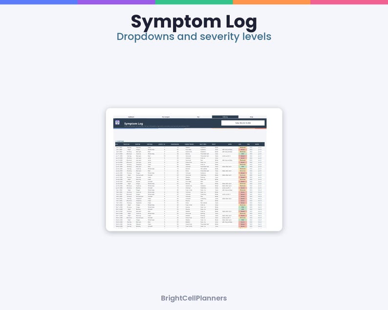 May include: A digital symptom log spreadsheet displayed on a tablet screen. The interface features columns for date, time, symptom, and severity levels, with color-coded status indicators in shades of green, yellow, and red for tracking.