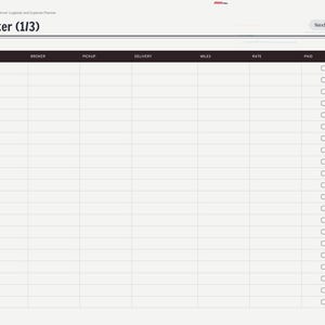 May include: A digital load tracker page for a 2027 truck driver logbook and expense planner. The layout features a table with columns for load number, broker, pickup, delivery, miles, rate, and paid status with checkboxes. A side tab menu lists months and categories.