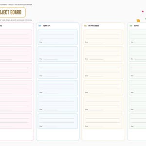 May include: A 2023 project board planner page featuring four vertical columns labeled Ideas, Next Up, In Progress, and Done. Each column contains five blank task cards with lines for notes and due dates. The left sidebar lists months and sections.