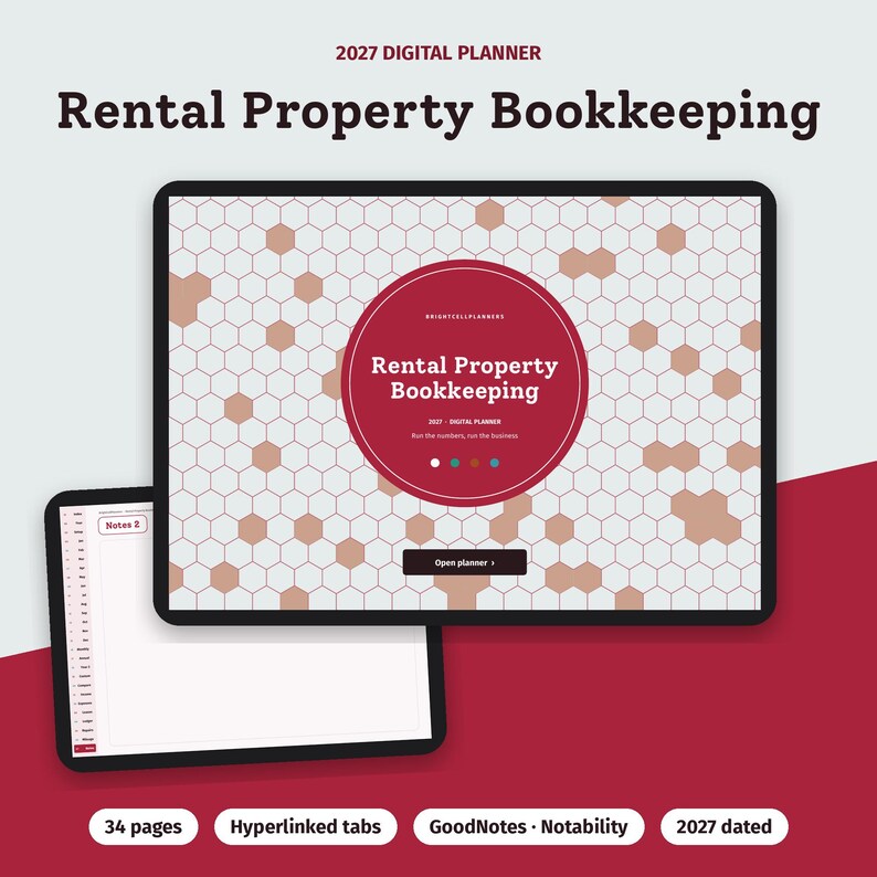 May include: A 2027 digital planner for rental property bookkeeping displayed on two tablet screens. The main screen features a hexagonal pattern, a central maroon circle with the text Rental Property Bookkeeping, and an Open planner button.