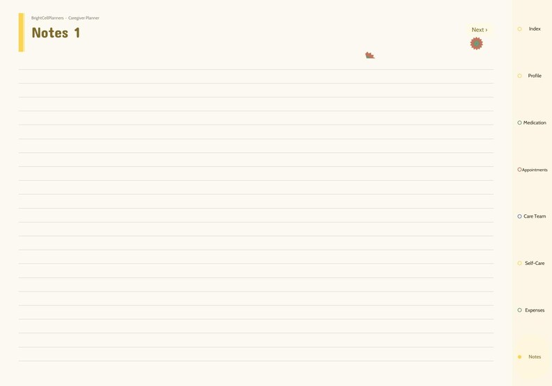 May include: A digital planner page titled Notes 1 with horizontal lines on a cream background. The right side features a vertical navigation tab list including Index, Profile, Medication, Appointments, Care Team, Self-Care, Expenses, and Notes.