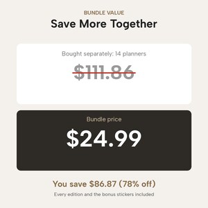 Puede incluir: Un gr&aacute;fico digital que muestra BUNDLE VALUE Save More Together. Enumera Bought separately: 14 planners $111.86 con un tachado rojo, un Bundle price de $24.99, y You save $86.87 (78% off) con Every edition and the bonus stickers included.