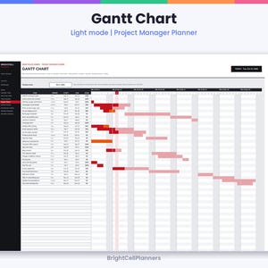 Puede incluir: Una interfaz digital de planificador de proyectos Gantt Chart en modo claro. La pantalla muestra una lista de tareas a la izquierda con barras de progreso horizontales en tonos rojos y rosas sobre una l&iacute;nea de tiempo. Texto: Gantt Chart.