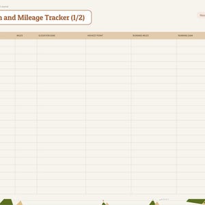 May include: A digital planner page titled Elevation and Mileage Tracker (1/2) with columns for date, trail, miles, elevation gain, highest point, running miles, and running gain. The layout features a side tab menu and mountain graphics.