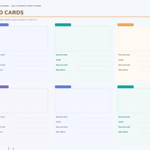 May include: A 2026-27 nursing student planner page titled MED CARDS. The layout features six rectangular sections for medication notes, each with fields for drug and class, action, dose and route, and side effects. The page includes a sidebar with monthly tabs and a navigation menu.
