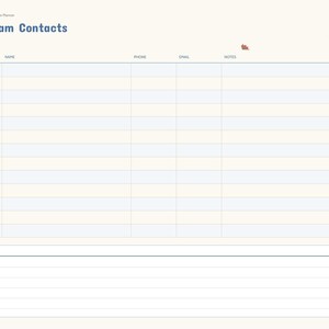 May include: A cream-colored Care Team Contacts planner page featuring a table with columns for role, name, phone, email, and notes. The header includes the text Care Team Contacts and BrightCellPlanners. A notes section is at the bottom.