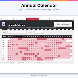 May include: A digital annual car rental booking calendar interface in light mode. The dashboard displays a grid of months and days with numerical data indicating vehicle availability, featuring a header with the text Annual Calendar.