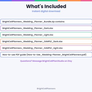 May include: A digital file list titled What's Included containing BrightCellPlanners_Wedding_Planner_Bundle.zip, BrightCellPlanners_Wedding_Planner_Dark.xlsx, BrightCellPlanners_Wedding_Planner_Light.xlsx, and a How-to-use PDF guide.