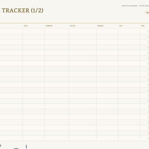 May include: A digital invoice tracker page with a cream background and brown text. The header reads INVOICE TRACKER (1/2). Columns include Invoice No, Date, Company, File No, Amount, Due, and Paid with checkboxes. A sidebar lists navigation tabs.