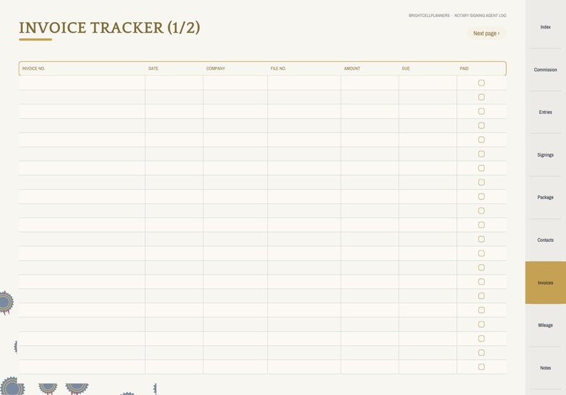 May include: A digital invoice tracker page with a cream background and brown text. The header reads INVOICE TRACKER (1/2). Columns include Invoice No, Date, Company, File No, Amount, Due, and Paid with checkboxes. A sidebar lists navigation tabs.