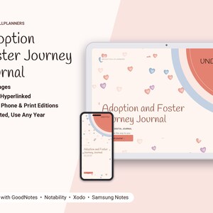 May include: A digital Adoption Foster Journey Journal displayed on a tablet and smartphone. The interface features a light background with small hearts, a red circular graphic, and the text Adoption and Foster Journey Journal.