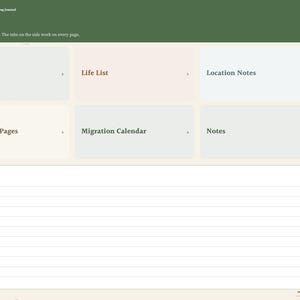 May include: A digital bird watching journal index page with a green header, featuring navigation tiles for Sighting Log, Life List, Location Notes, Field Sketch Pages, Migration Calendar, and Notes, plus a lined quick notes section.