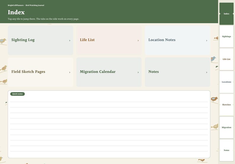 May include: A digital bird watching journal index page with a green header, featuring navigation tiles for Sighting Log, Life List, Location Notes, Field Sketch Pages, Migration Calendar, and Notes, plus a lined quick notes section.