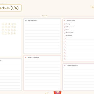 May include: A digital daily check-in planner page titled Daily Check-In (1/4) with sections for mood, cravings, stress, hope, gratitude, and recovery actions. The layout features lined writing areas, checkboxes, and a side navigation tab menu.