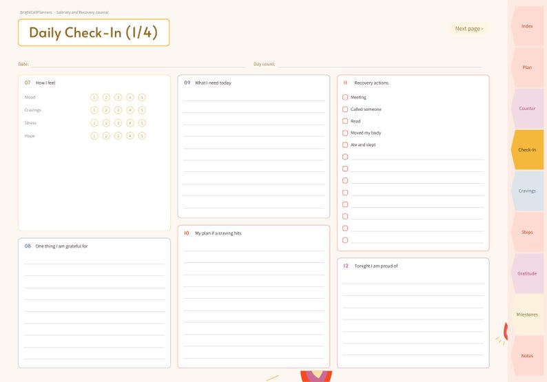 May include: A digital daily check-in planner page titled Daily Check-In (1/4) with sections for mood, cravings, stress, hope, gratitude, and recovery actions. The layout features lined writing areas, checkboxes, and a side navigation tab menu.