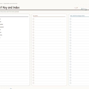 May include: A digital bullet journal page titled Bullet Key and Index with a sidebar containing navigation tabs. The layout features three columns for tasks, symbols, and index collections, each with lined rows and checkboxes for organization.