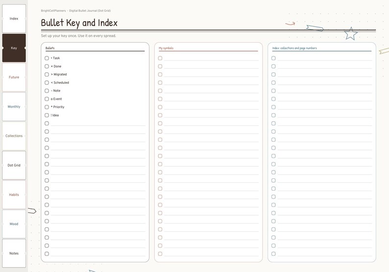 May include: A digital bullet journal page titled Bullet Key and Index with a sidebar containing navigation tabs. The layout features three columns for tasks, symbols, and index collections, each with lined rows and checkboxes for organization.