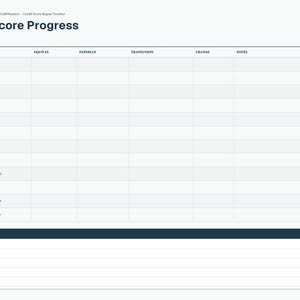 May include: A digital credit score repair tracker page titled Score Progress. The layout features a table with columns for Month, Equifax, Experian, Transunion, Change, and Notes, followed by a large section for additional notes at the bottom.