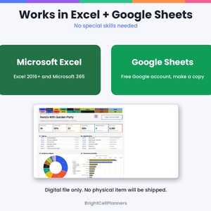 Puede incluir: Una plantilla de planificaci&oacute;n digital con el texto Works in Excel + Google Sheets. Incluye dos cuadros verdes que detallan la compatibilidad con Microsoft Excel 2016+ y Google Sheets. Una vista previa muestra un panel titulado Nora's 40th Garden Party.
