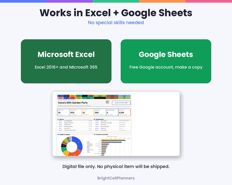 Puede incluir: Una plantilla de planificaci&oacute;n digital con el texto Works in Excel + Google Sheets. Incluye dos cuadros verdes que detallan la compatibilidad con Microsoft Excel 2016+ y Google Sheets. Una vista previa muestra un panel titulado Nora's 40th Garden Party.