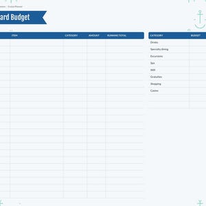 May include: A digital cruise planner page titled Onboard Budget with a blue header and anchor pattern. It features a large table for tracking expenses by date, item, category, amount, and running total, plus a summary table for budget and spent amounts.