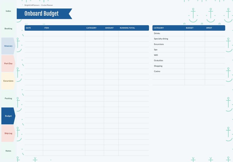 May include: A digital cruise planner page titled Onboard Budget with a blue header and anchor pattern. It features a large table for tracking expenses by date, item, category, amount, and running total, plus a summary table for budget and spent amounts.