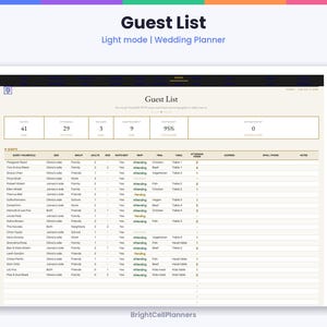 May include: A digital wedding planner guest list spreadsheet interface featuring a summary dashboard with statistics for 41 guests, 29 attendees, 3 declined, 9 pending, and 95% attendance rate, followed by a detailed table of guest names.