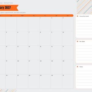 May include: A digital January 2027 monthly calendar planner page with an orange header, a grid for dates, and side navigation tabs. The layout includes sections for Focus this month, Key dates, and Notes with lined spaces for writing.