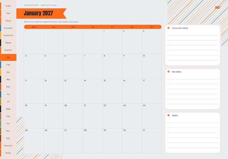 May include: A digital January 2027 monthly calendar planner page with an orange header, a grid for dates, and side navigation tabs. The layout includes sections for Focus this month, Key dates, and Notes with lined spaces for writing.