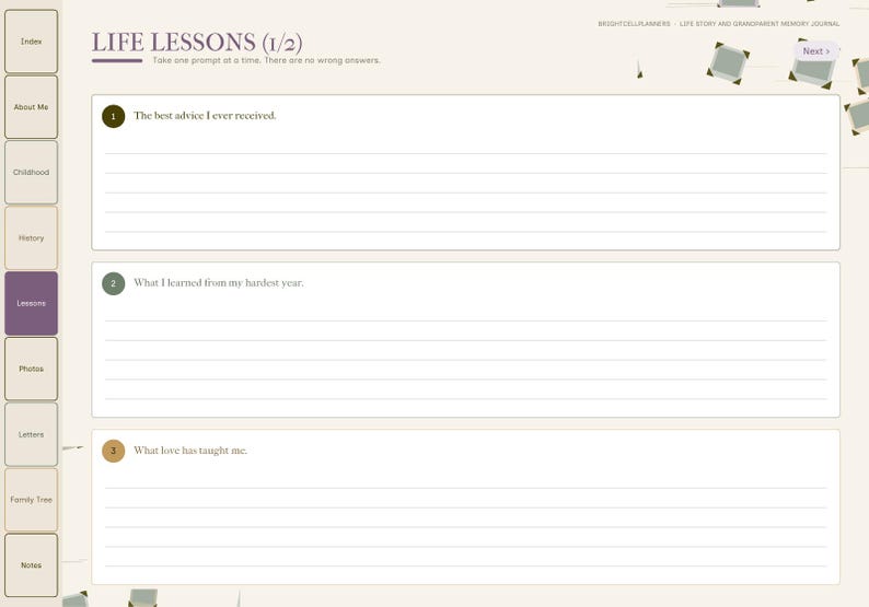 May include: A digital journal page titled LIFE LESSONS (1/2) with a sidebar menu. It features three numbered prompts: The best advice I ever received, What I learned from my hardest year, and What love has taught me, each with lined writing space.