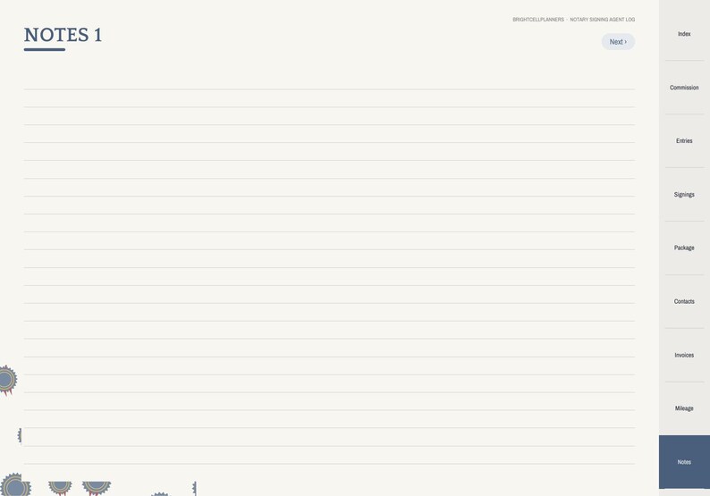 May include: A digital planner page titled NOTES 1 with horizontal lines for writing. The right sidebar features navigation tabs labeled Index, Commission, Entries, Signings, Package, Contacts, Invoices, Mileage, and Notes. The background is cream.