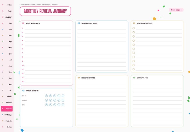 May include: A digital monthly review planner page for January with sections for Wins This Month, What Did Not Work, Next Month Focus, Lessons Learned, Grateful For, and Rate The Month. The layout features a sidebar navigation menu with tabs.