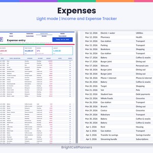 Puede incluir: Una hoja de c&aacute;lculo digital de ingresos y gastos titulada Expenses, con una interfaz en modo claro. El dise&ntilde;o muestra columnas para fecha, descripci&oacute;n, categor&iacute;a, cuenta y cantidad, con un panel de resumen en la parte superior.