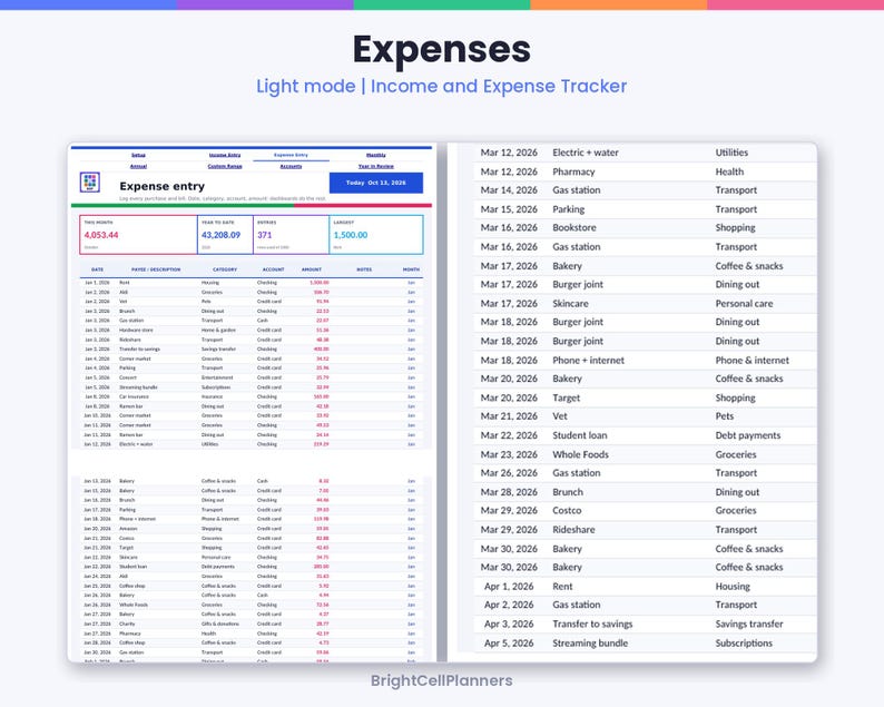 Puede incluir: Una hoja de c&aacute;lculo digital de ingresos y gastos titulada Expenses, con una interfaz en modo claro. El dise&ntilde;o muestra columnas para fecha, descripci&oacute;n, categor&iacute;a, cuenta y cantidad, con un panel de resumen en la parte superior.