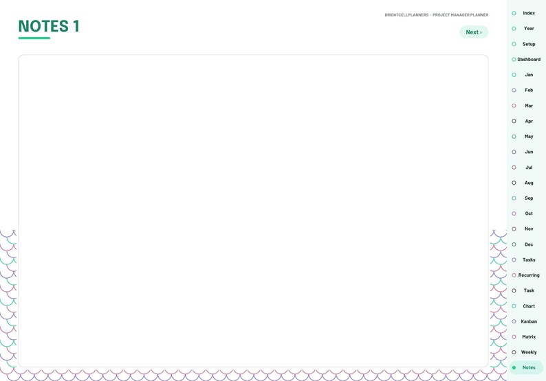 May include: A digital planner page titled NOTES 1 with a large blank central area. The right sidebar features navigation tabs for Index, Year, Setup, Dashboard, months from Jan to Dec, Tasks, Recurring, Task, Chart, Kanban, Matrix, Weekly, and Notes.