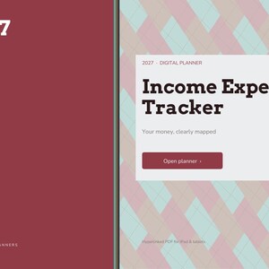 Op de afbeelding: Een digitale planner-interface voor 2027 met een kastanjebruin linkerpaneel met het jaar 2027 en de tekst BRIGHTCELLPLANNERS. Het rechterpaneel heeft een lichte achtergrond met een roze en blauw ruitpatroon en de tekst Income Expense Tracker.