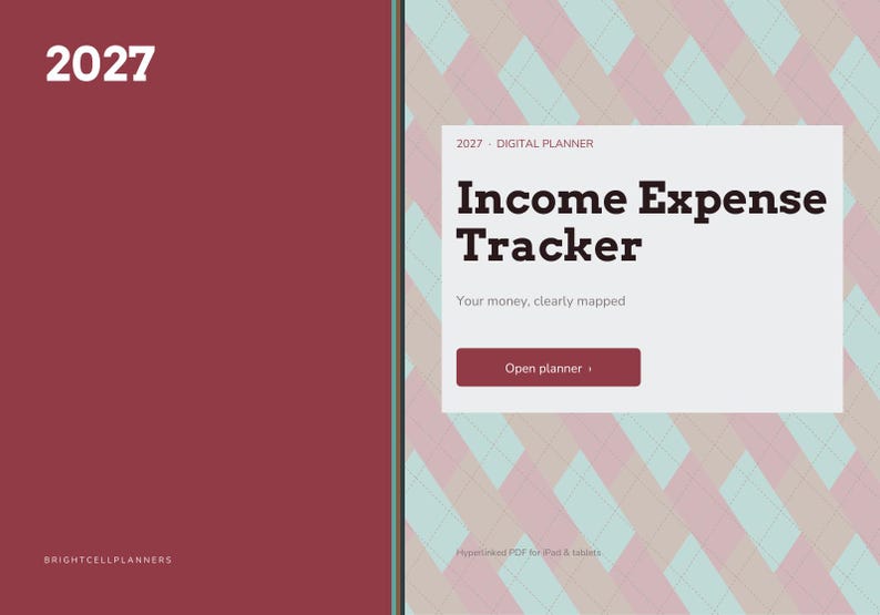 Op de afbeelding: Een digitale planner-interface voor 2027 met een kastanjebruin linkerpaneel met het jaar 2027 en de tekst BRIGHTCELLPLANNERS. Het rechterpaneel heeft een lichte achtergrond met een roze en blauw ruitpatroon en de tekst Income Expense Tracker.