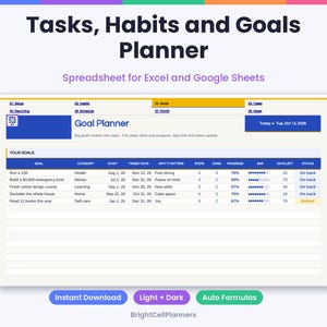 May include: A digital Tasks, Habits and Goals Planner spreadsheet for Excel and Google Sheets. The interface displays a Goal Planner table with columns for goal, category, start, target date, steps, progress, and status. Includes buttons for Instant Download, Light + Dark, and Auto Formulas.
