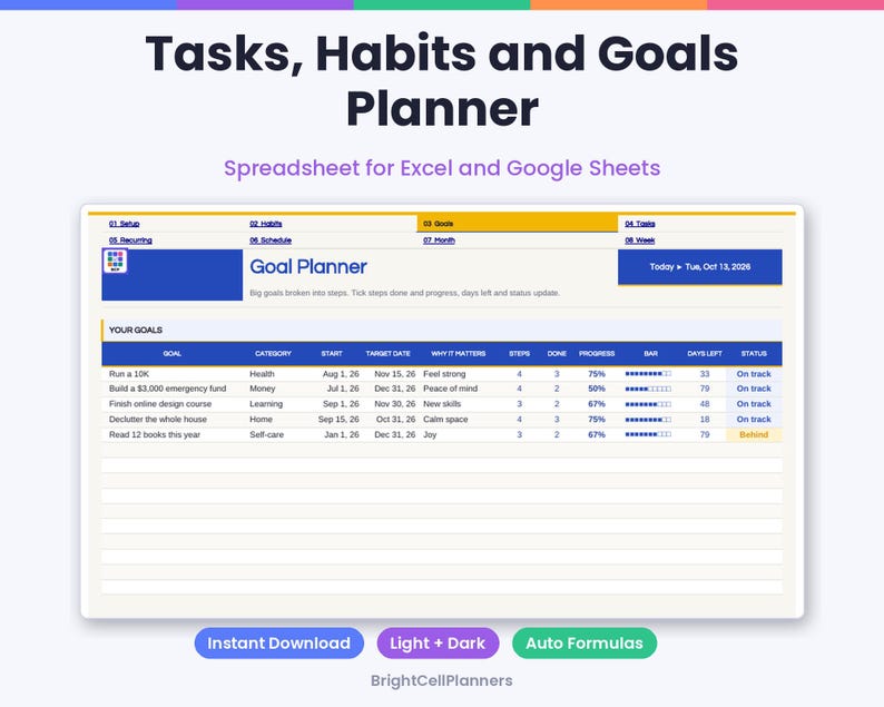 May include: A digital Tasks, Habits and Goals Planner spreadsheet for Excel and Google Sheets. The interface displays a Goal Planner table with columns for goal, category, start, target date, steps, progress, and status. Includes buttons for Instant Download, Light + Dark, and Auto Formulas.