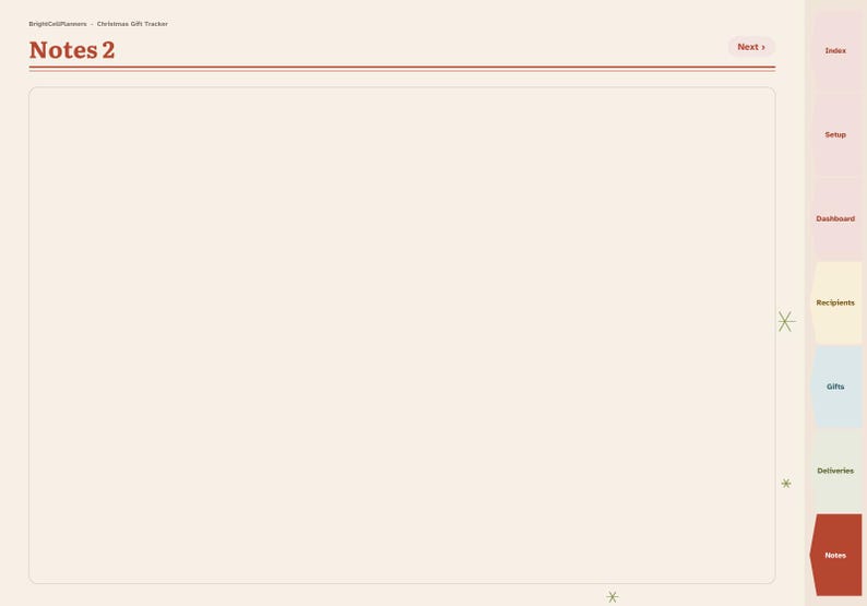 Puede incluir: Una p&aacute;gina de planificador digital titulada Notes 2 con fondo crema y un gran recuadro rectangular central. El lado derecho presenta un men&uacute; de navegaci&oacute;n vertical con pesta&ntilde;as etiquetadas como Index, Setup, Dashboard, Recipients, Gifts, Deliveries y Notes.