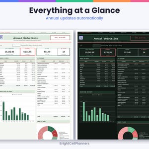May include: A digital spreadsheet template titled Everything at a Glance, Annual updates automatically, displaying two versions of an Annual Deductions dashboard. Both show tables, bar charts, and pie charts for financial tracking in light and dark modes.